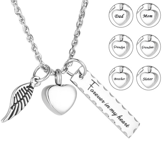 Cremation Pendant with Angle wing, Heart and Bar