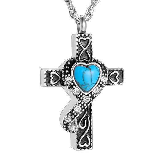 Unique Cross and Blue Turquoise Cremation Necklace
