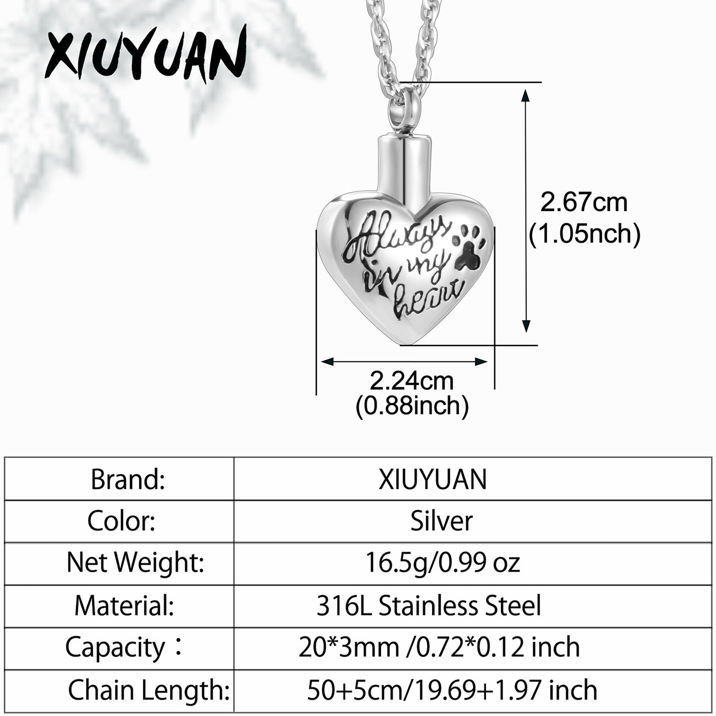 "Always in my heart" Heart Cremation Necklace with Paw