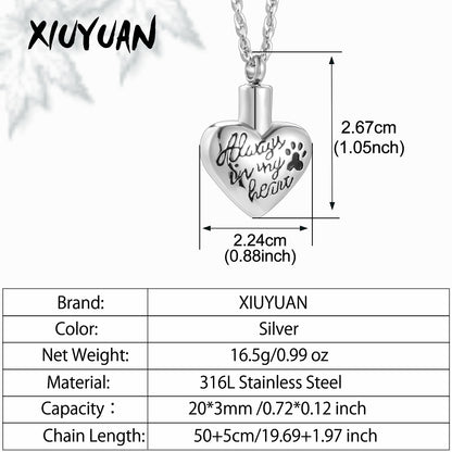 "Always in my heart" Heart Cremation Necklace with Paw