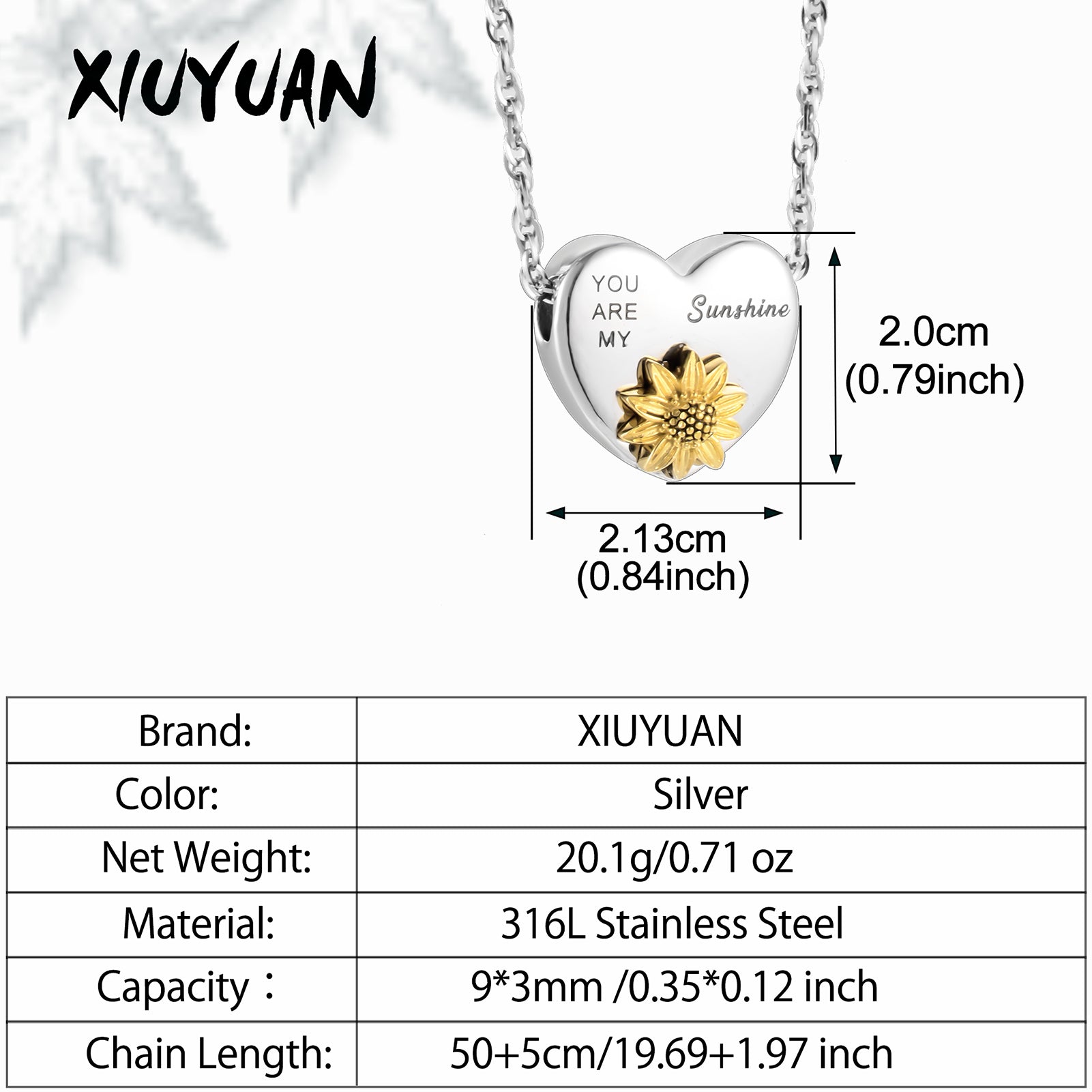 Heart Cremation Pendant Jewelry with Sunflower