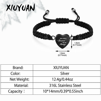 Black Rope Heart Cremation Bracelet