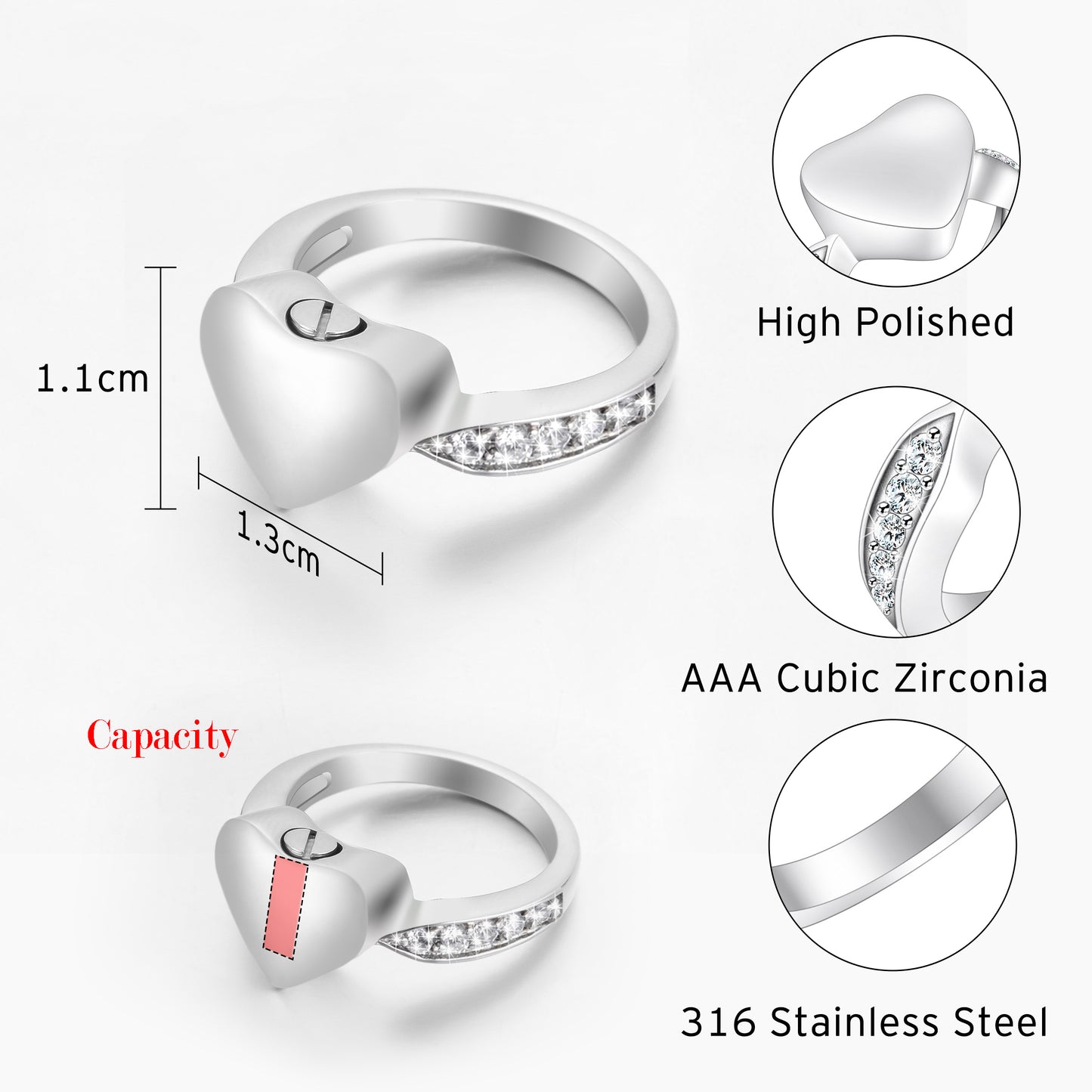 Filled Heart Cremation Ring with Zircon