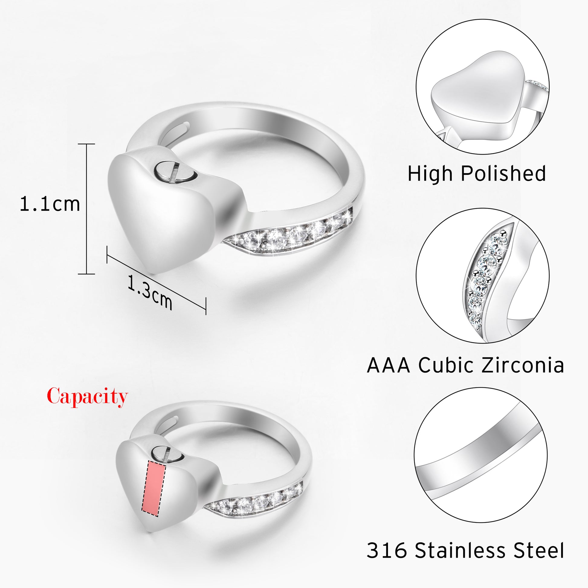 Filled Heart Cremation Ring with Zircon