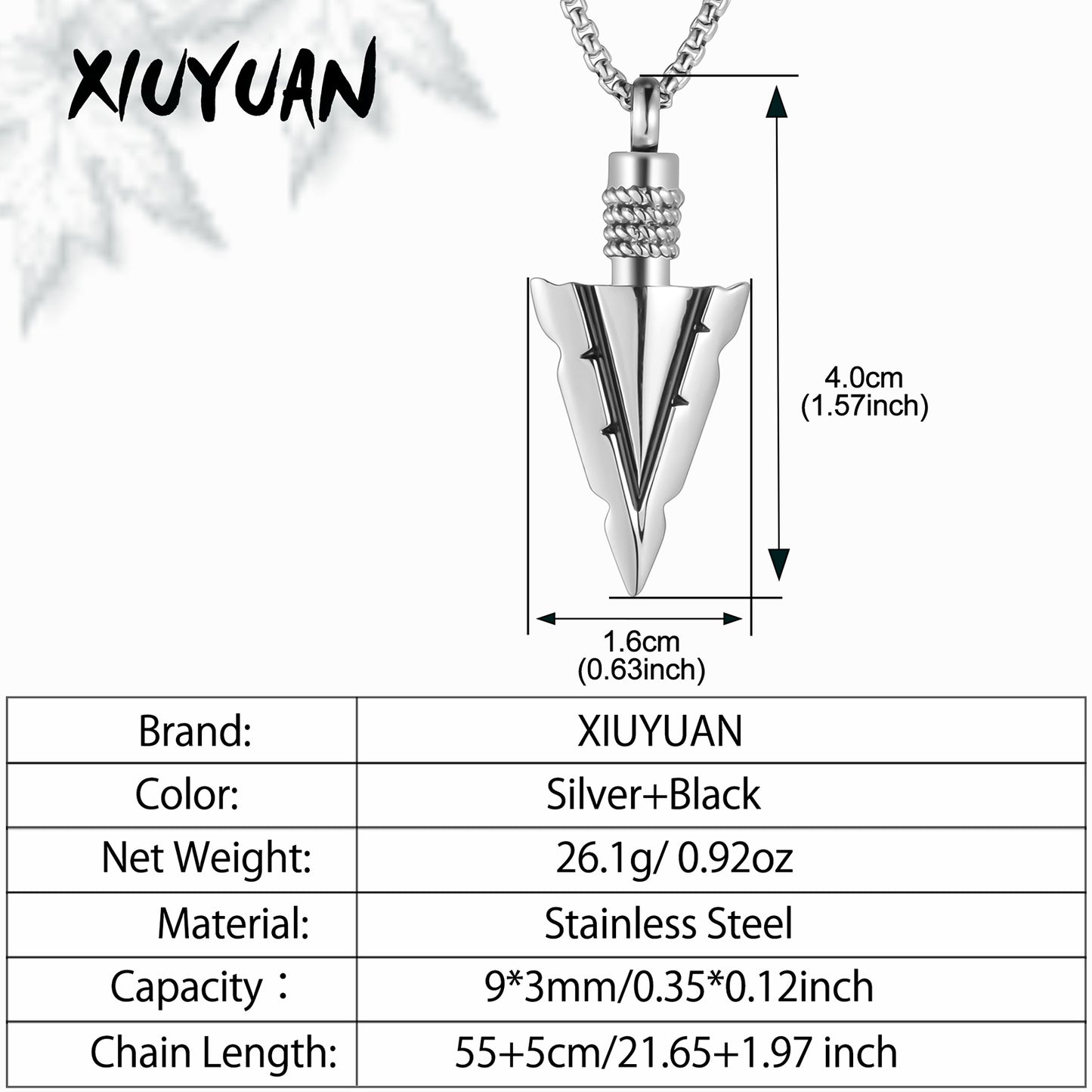 Steel and Black Arrow Cremation Pendant Necklace - 1 Set