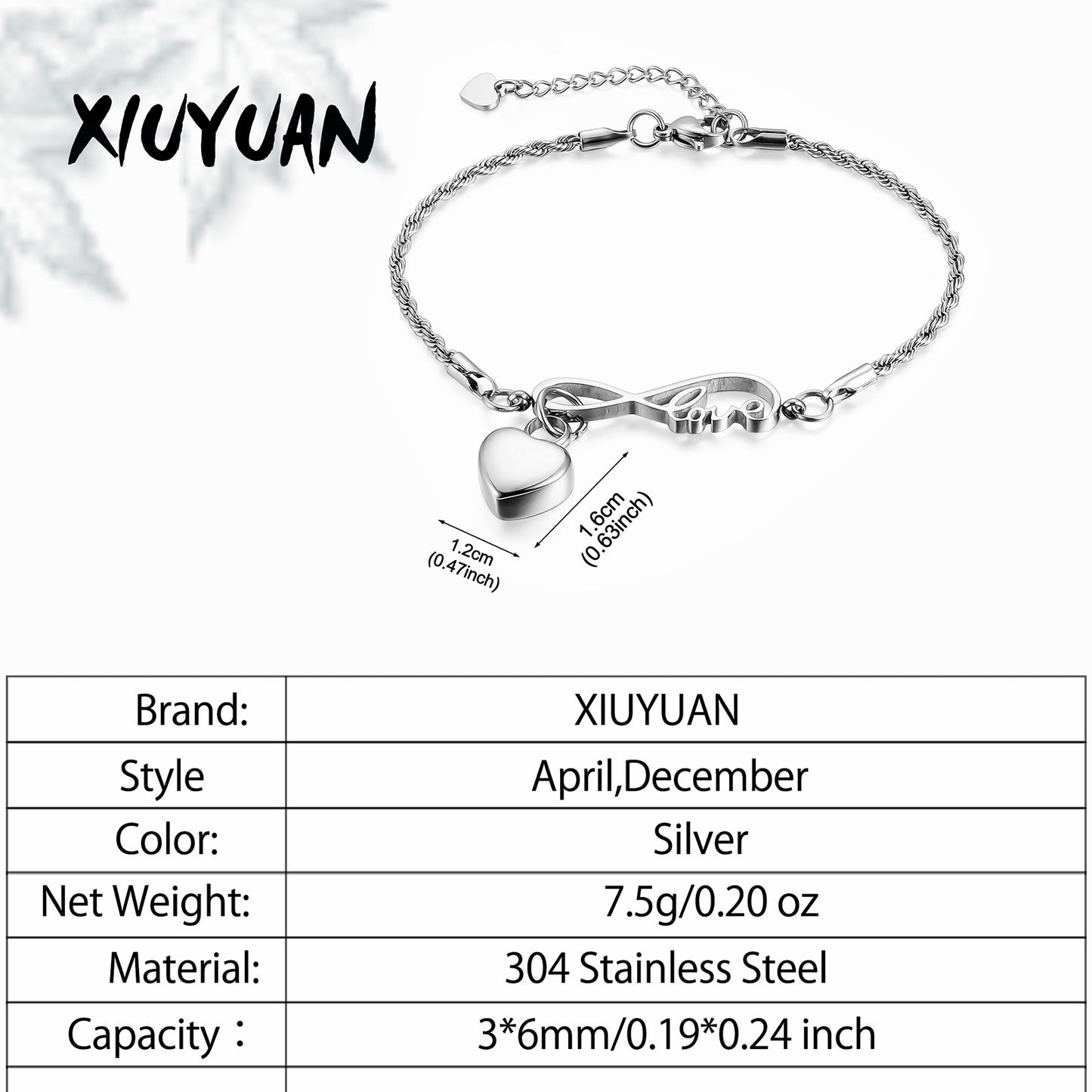 Infinity symbol and Heart Cremation Bracelet