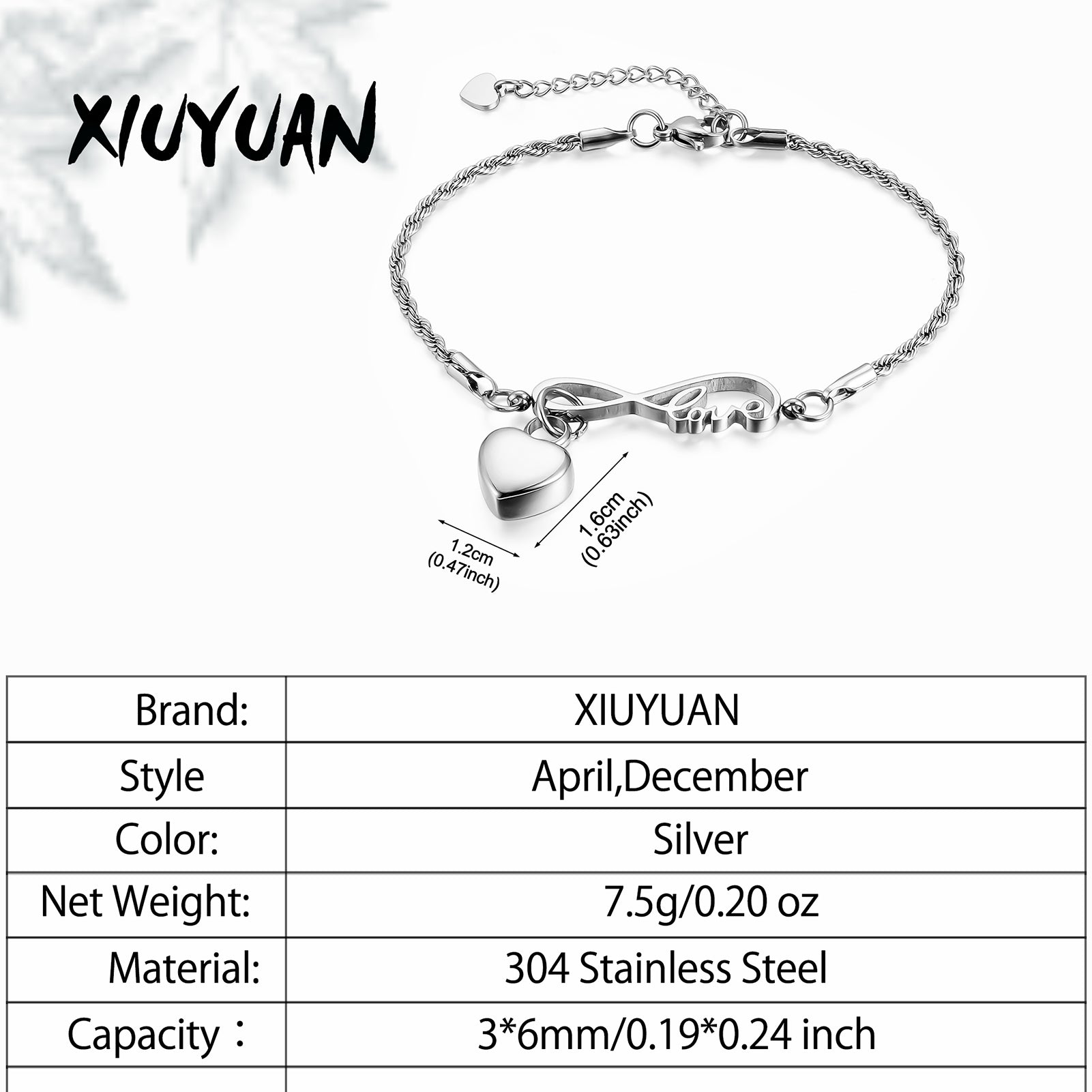 Infinity symbol and Heart Cremation Bracelet