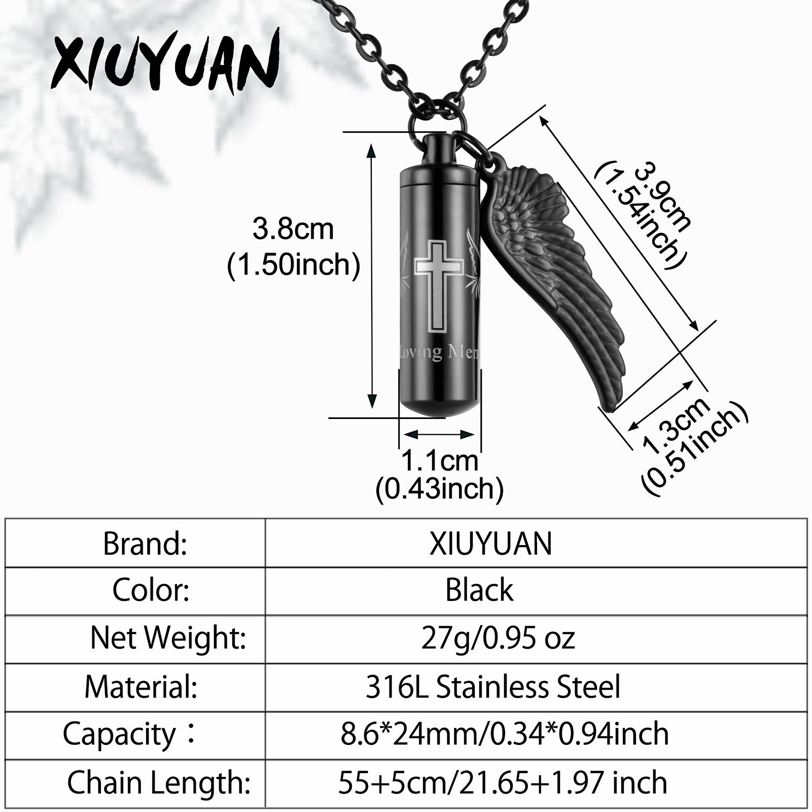 Cylindrical Cremation Necklace with Cross