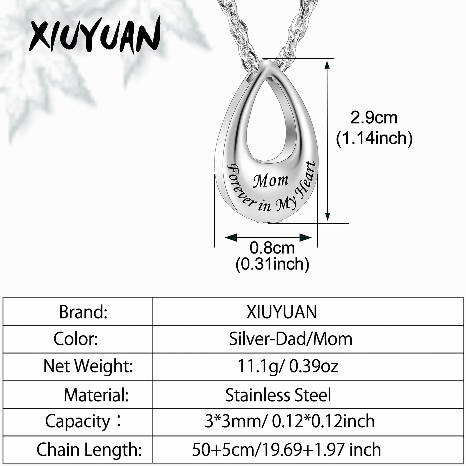 Teardrop Cremation Jewelry Necklace to honor Mom/Dad