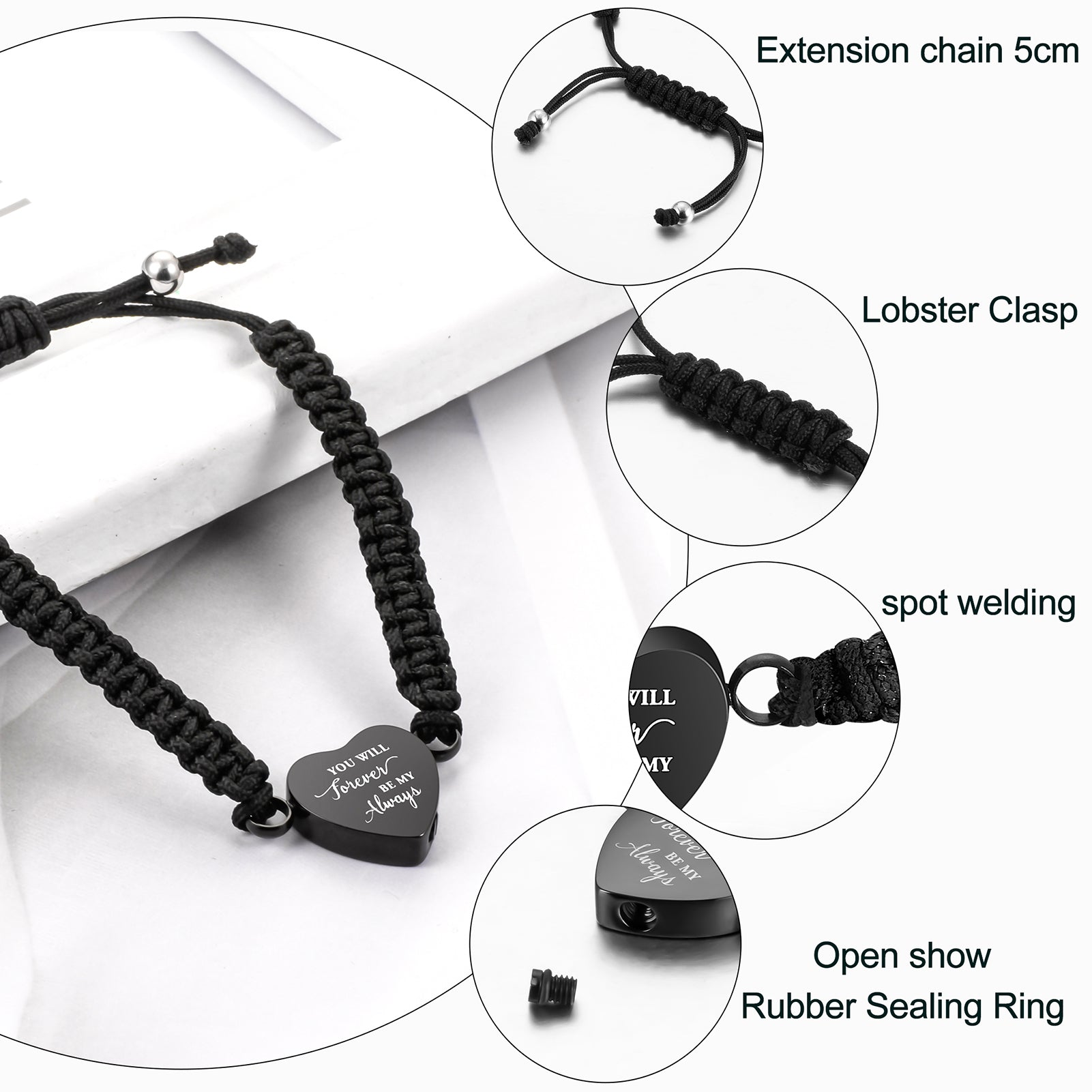 Black Rope Heart Cremation Bracelet