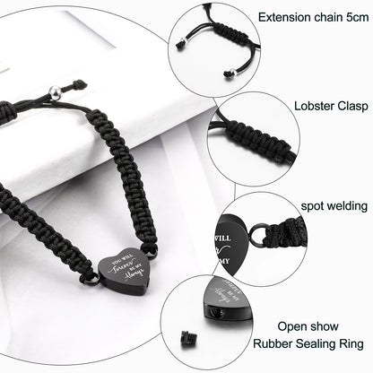 Black Rope Heart Cremation Bracelet