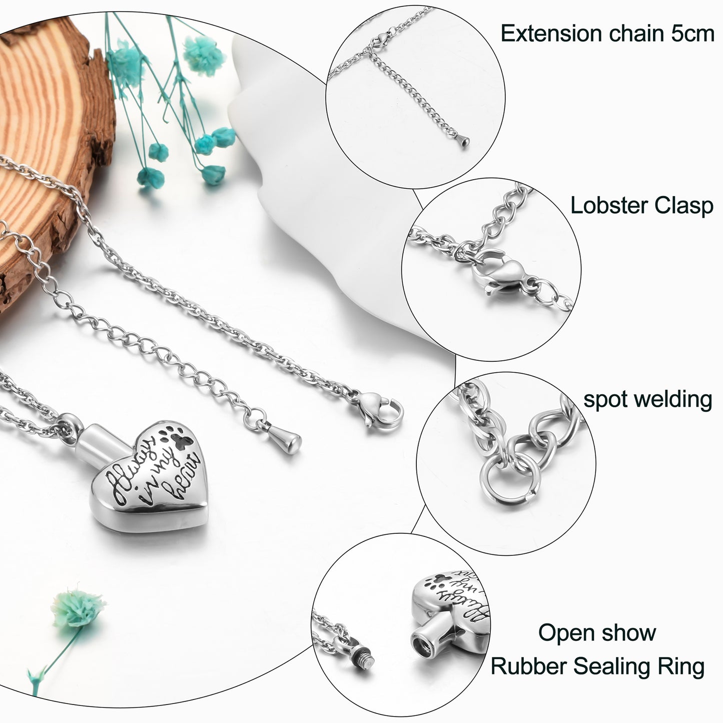 "Always in my heart" Heart Cremation Necklace with Paw