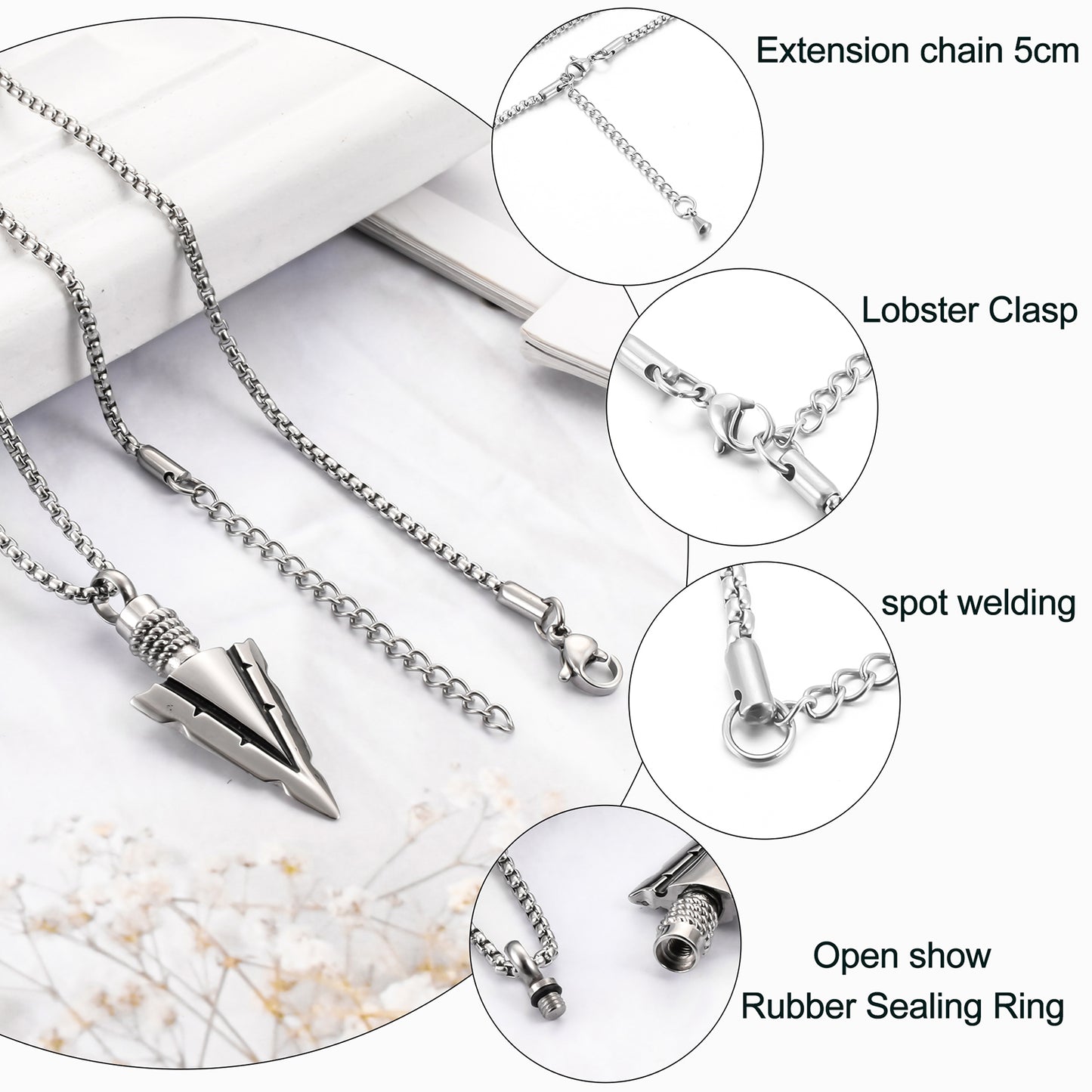 Steel and Black Arrow Cremation Pendant Necklace - 1 Set