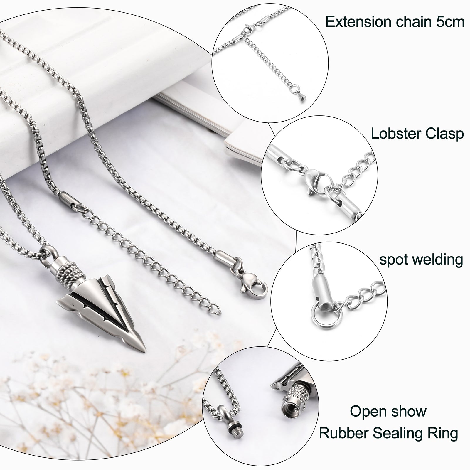 Steel and Black Arrow Cremation Pendant Necklace - 1 Set