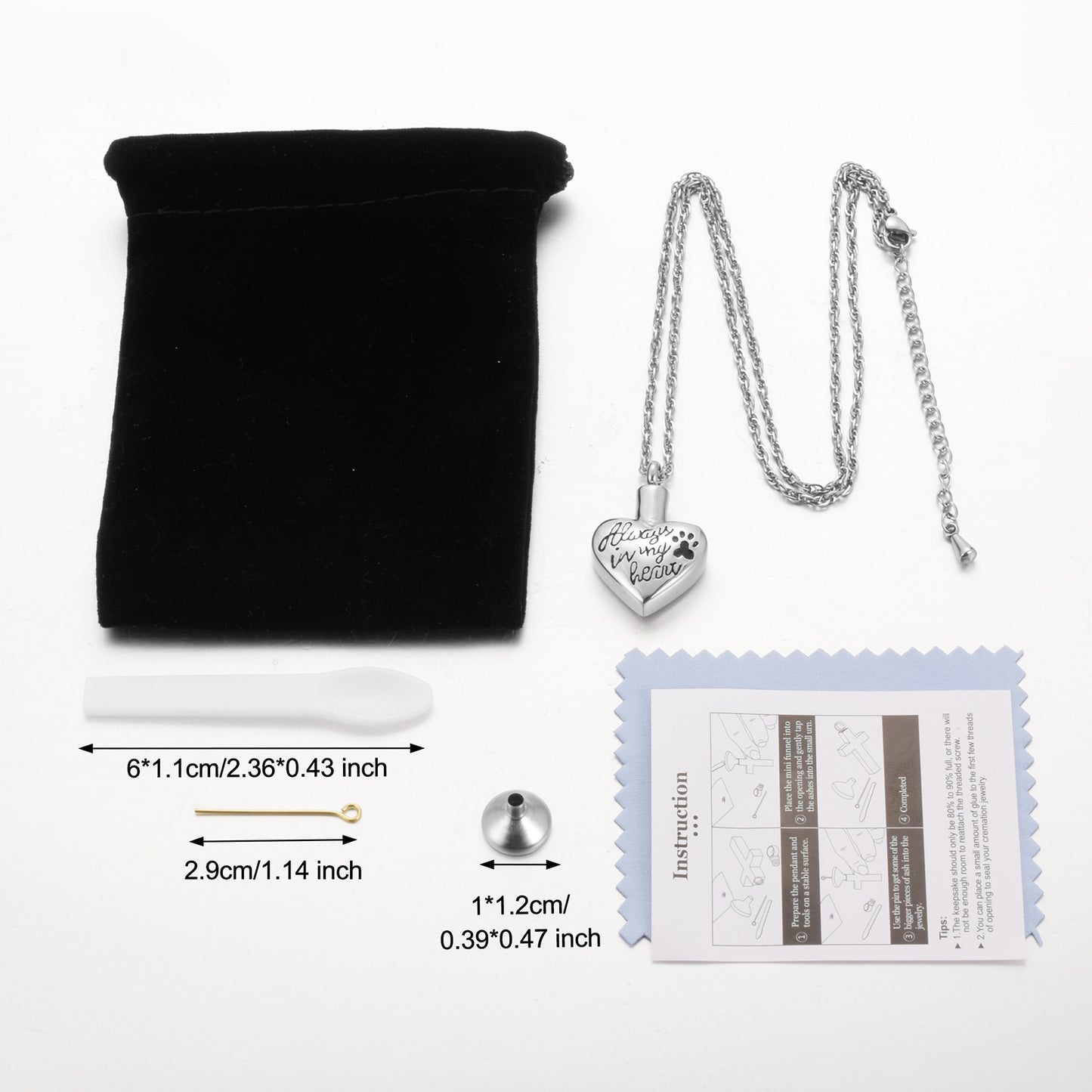 "Always in my heart" Heart Cremation Necklace with Paw