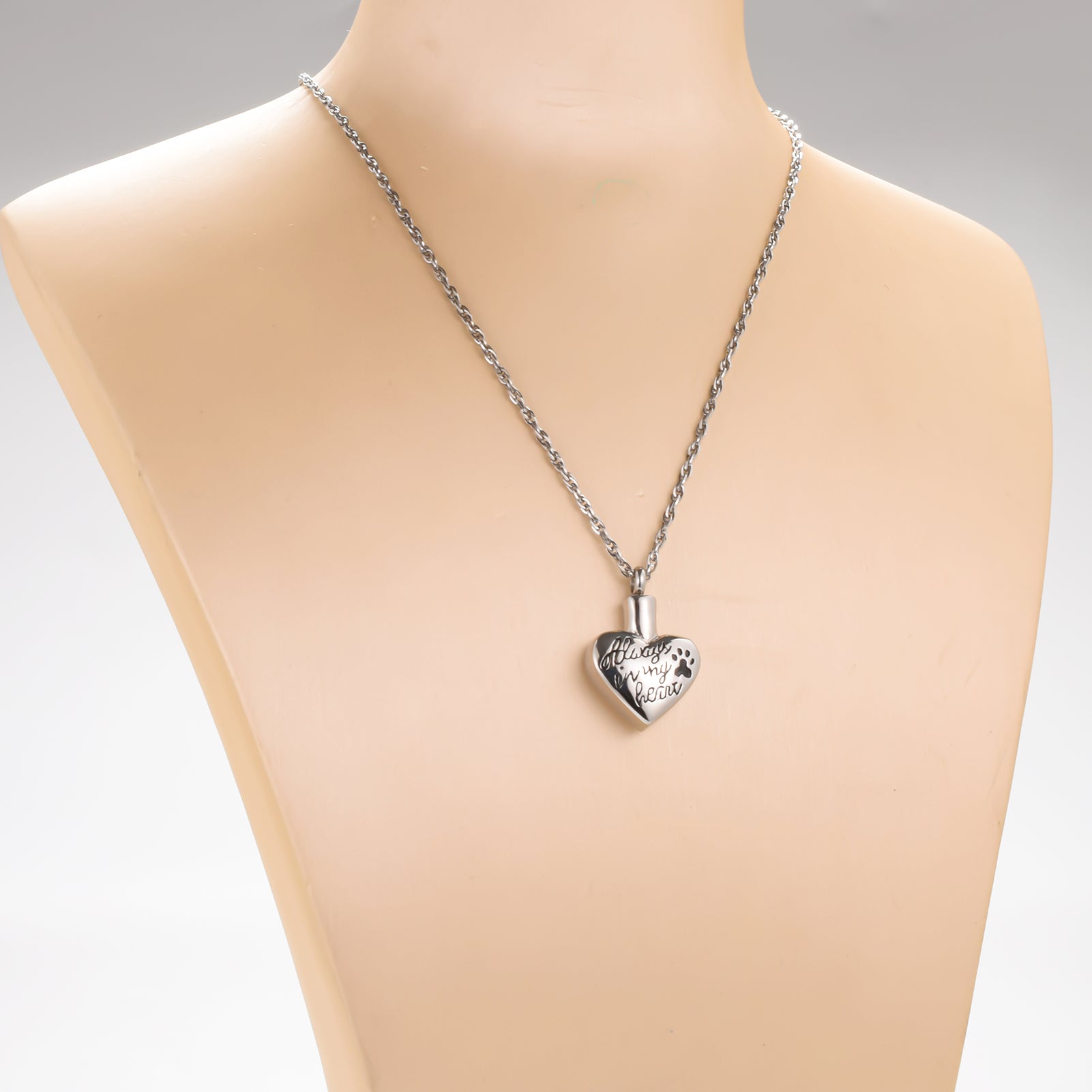 "Always in my heart" Heart Cremation Necklace with Paw