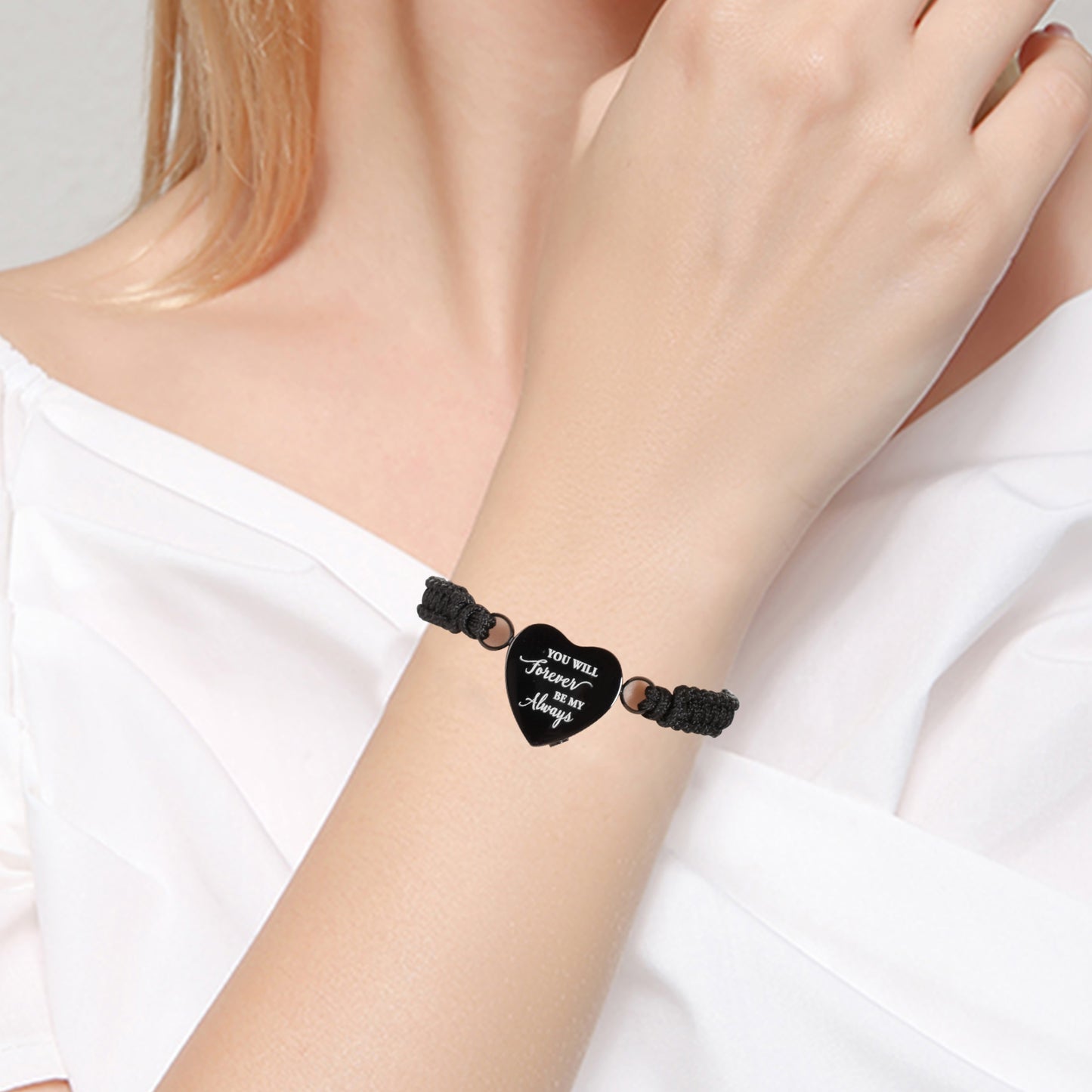 Black Rope Heart Cremation Bracelet