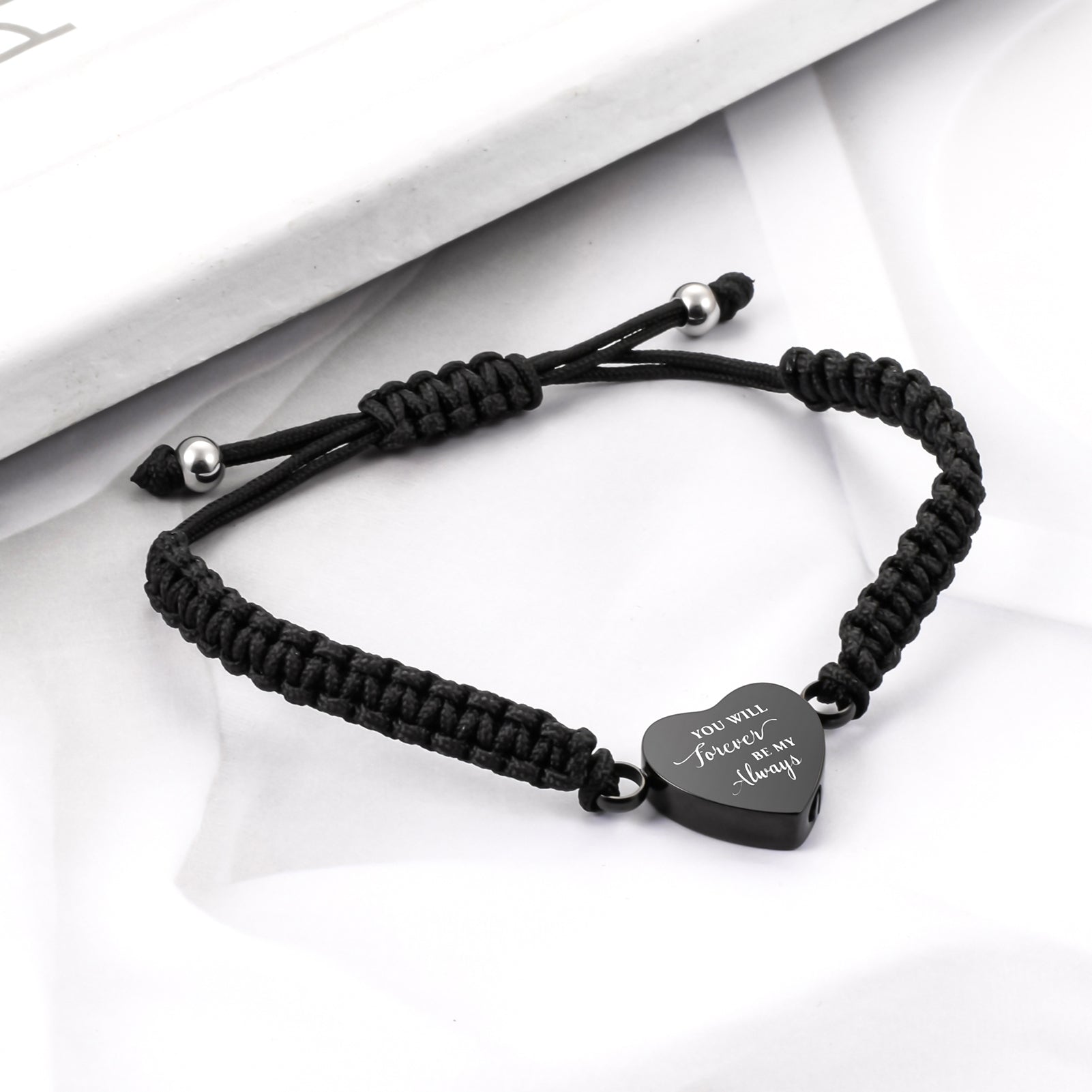 Black Rope Heart Cremation Bracelet