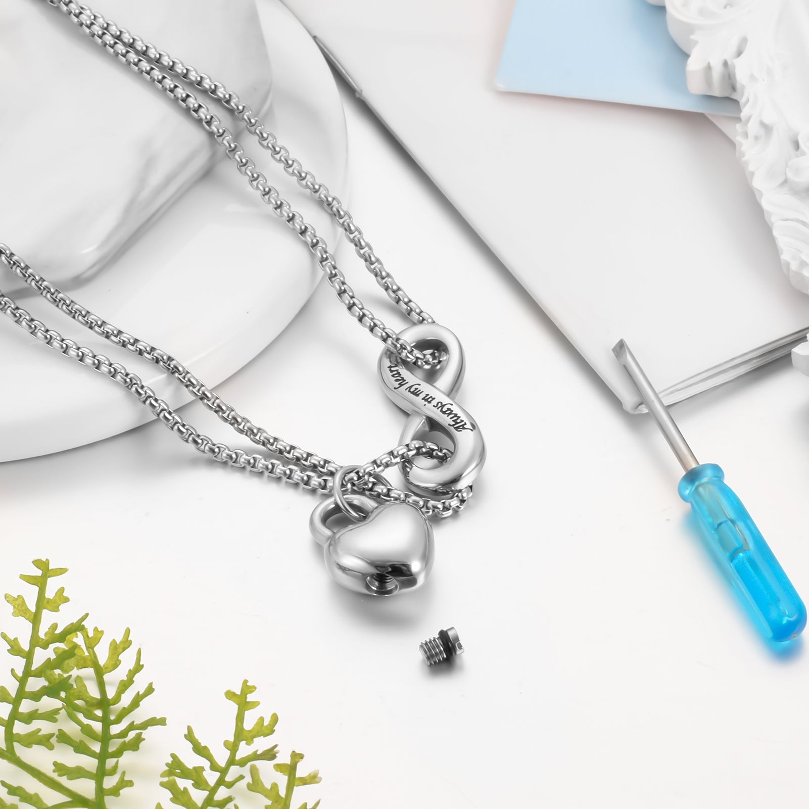 Cremation Jewelry with Heart Lock and Infinite Symbol