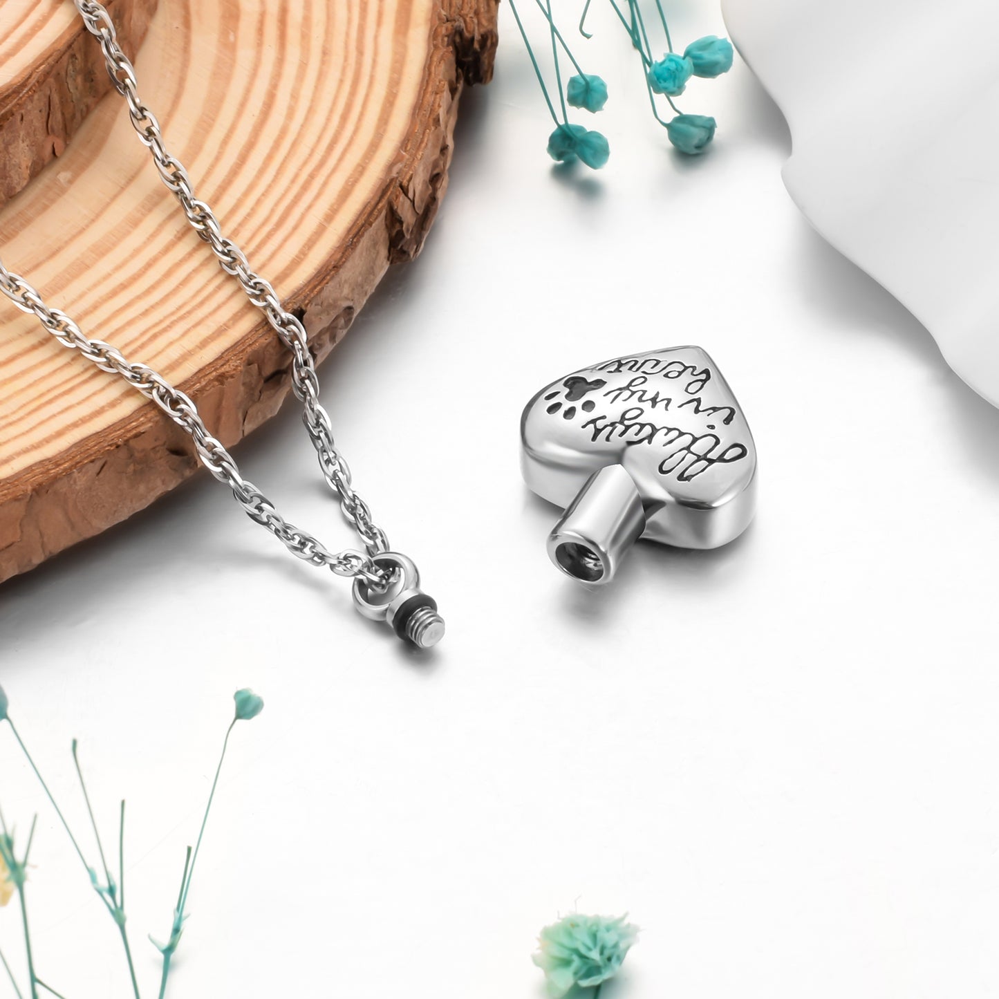 "Always in my heart" Heart Cremation Necklace with Paw