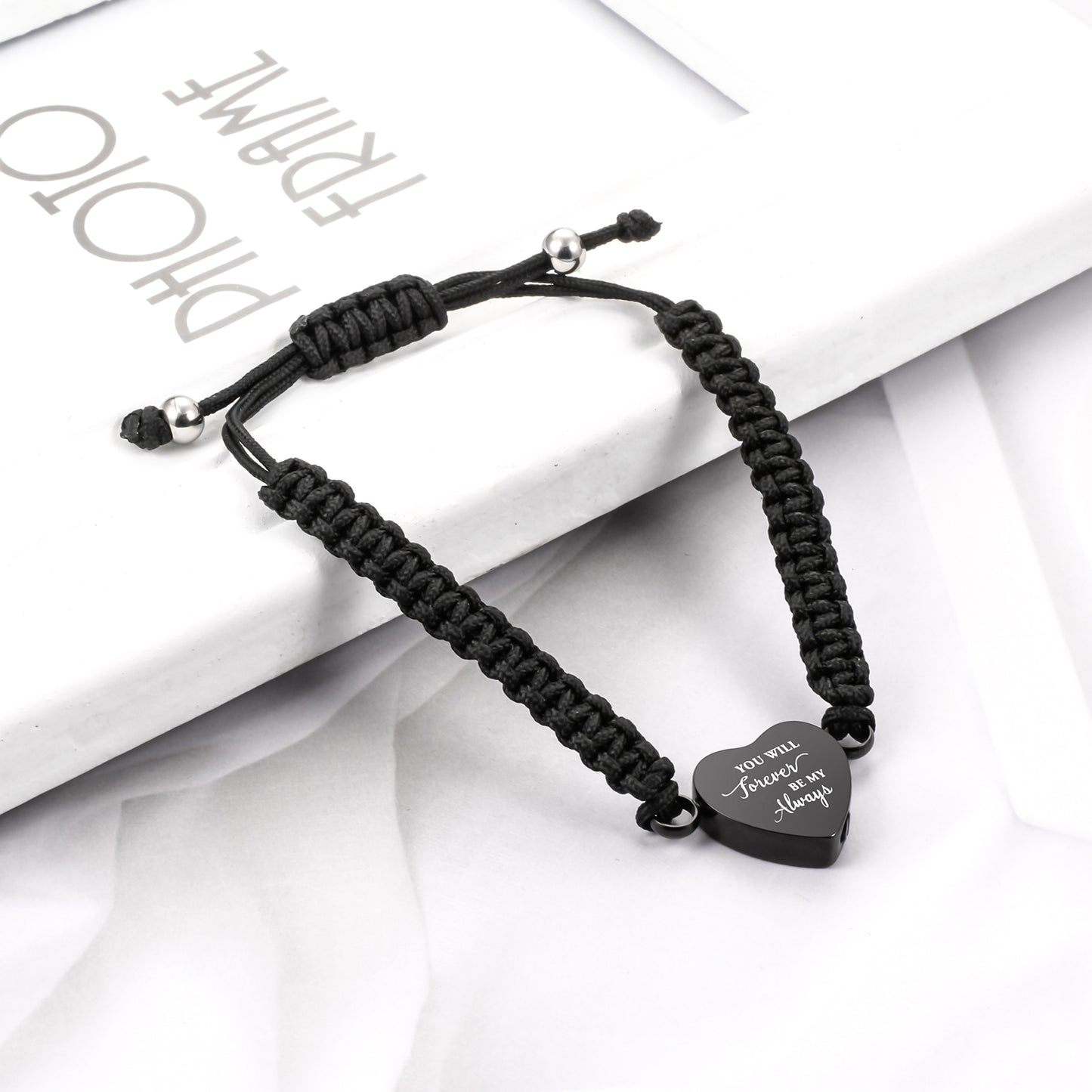 Black Rope Heart Cremation Bracelet