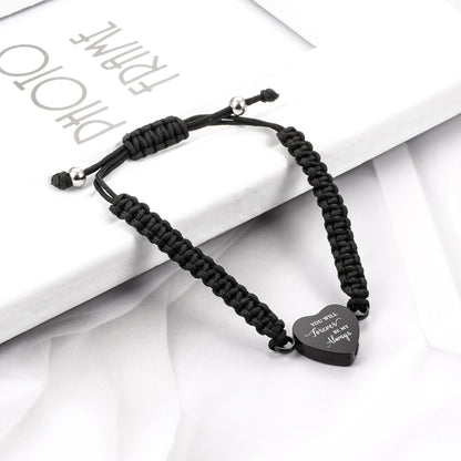 Black Rope Heart Cremation Bracelet