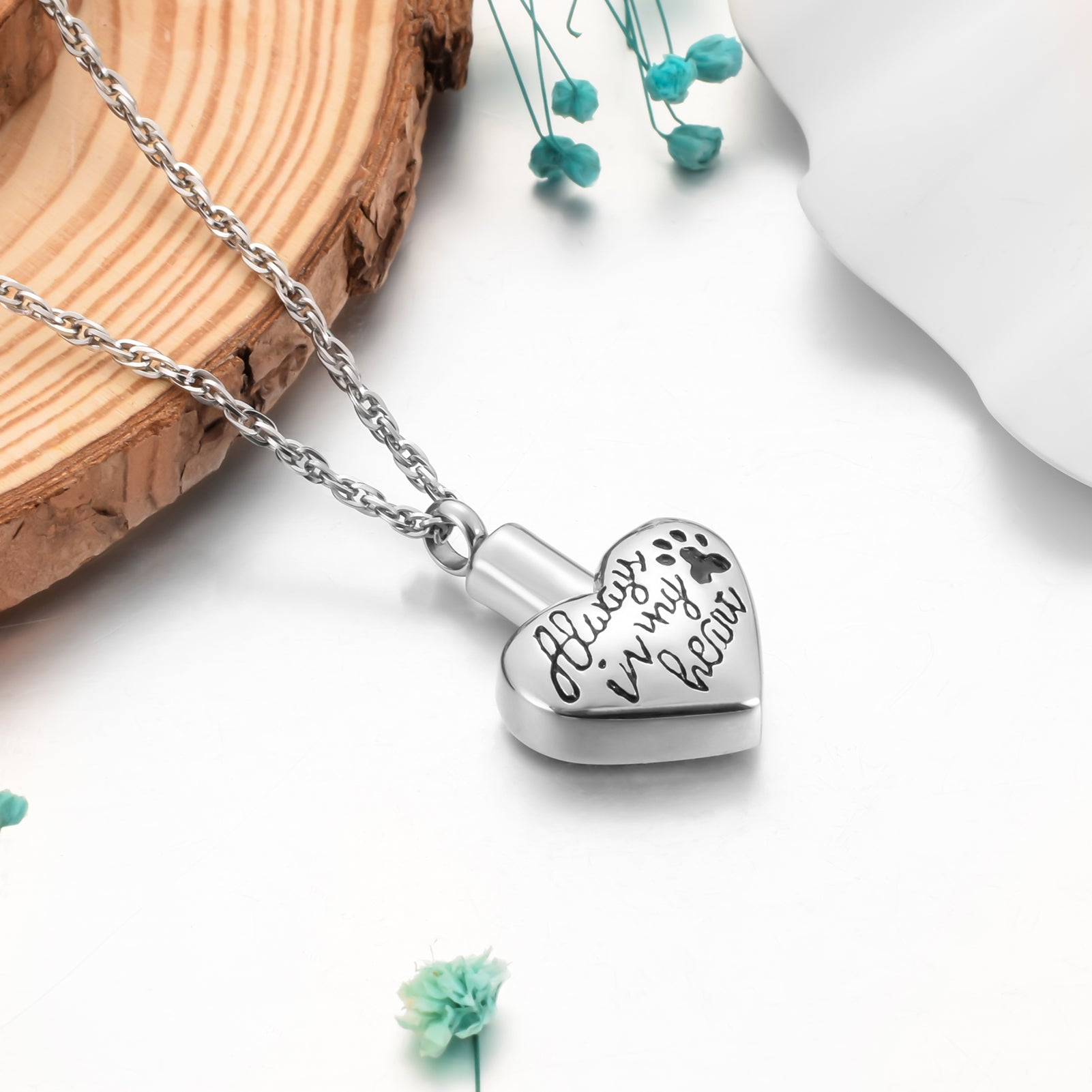 "Always in my heart" Heart Cremation Necklace with Paw