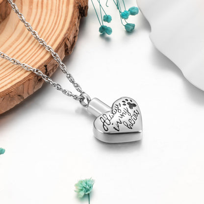 "Always in my heart" Heart Cremation Necklace with Paw