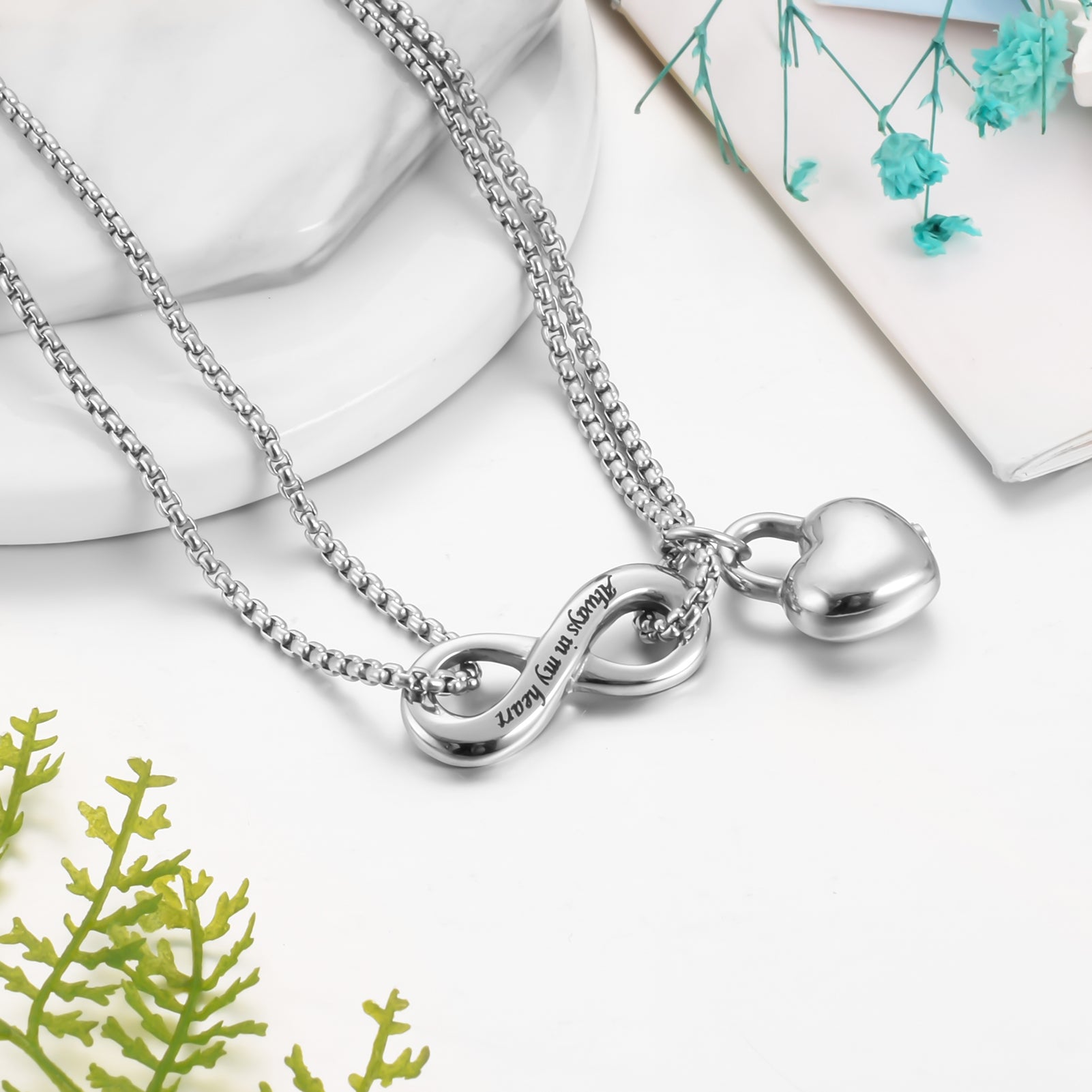 Cremation Jewelry with Heart Lock and Infinite Symbol