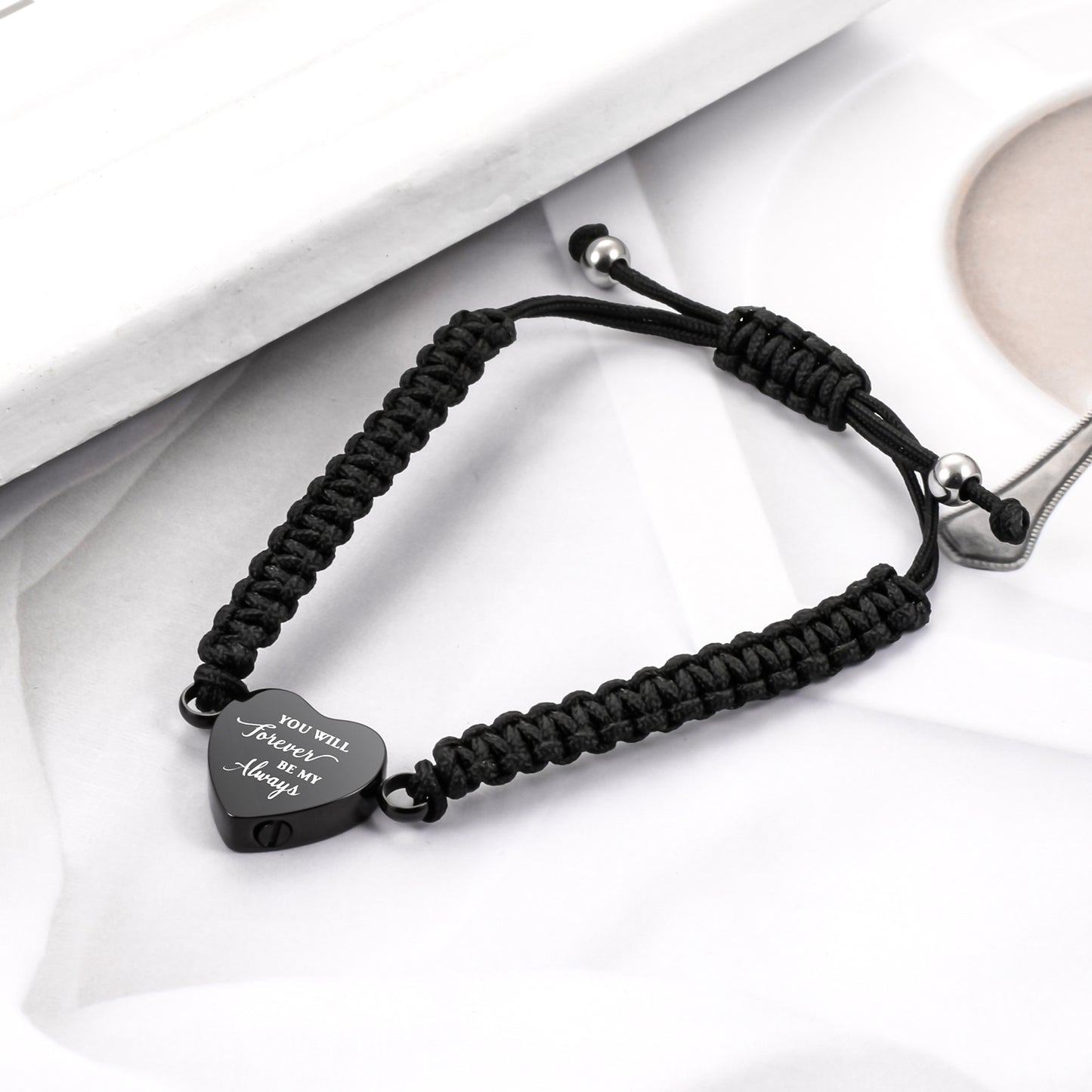 Black Rope Heart Cremation Bracelet
