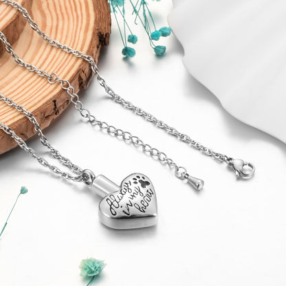 "Always in my heart" Heart Cremation Necklace with Paw