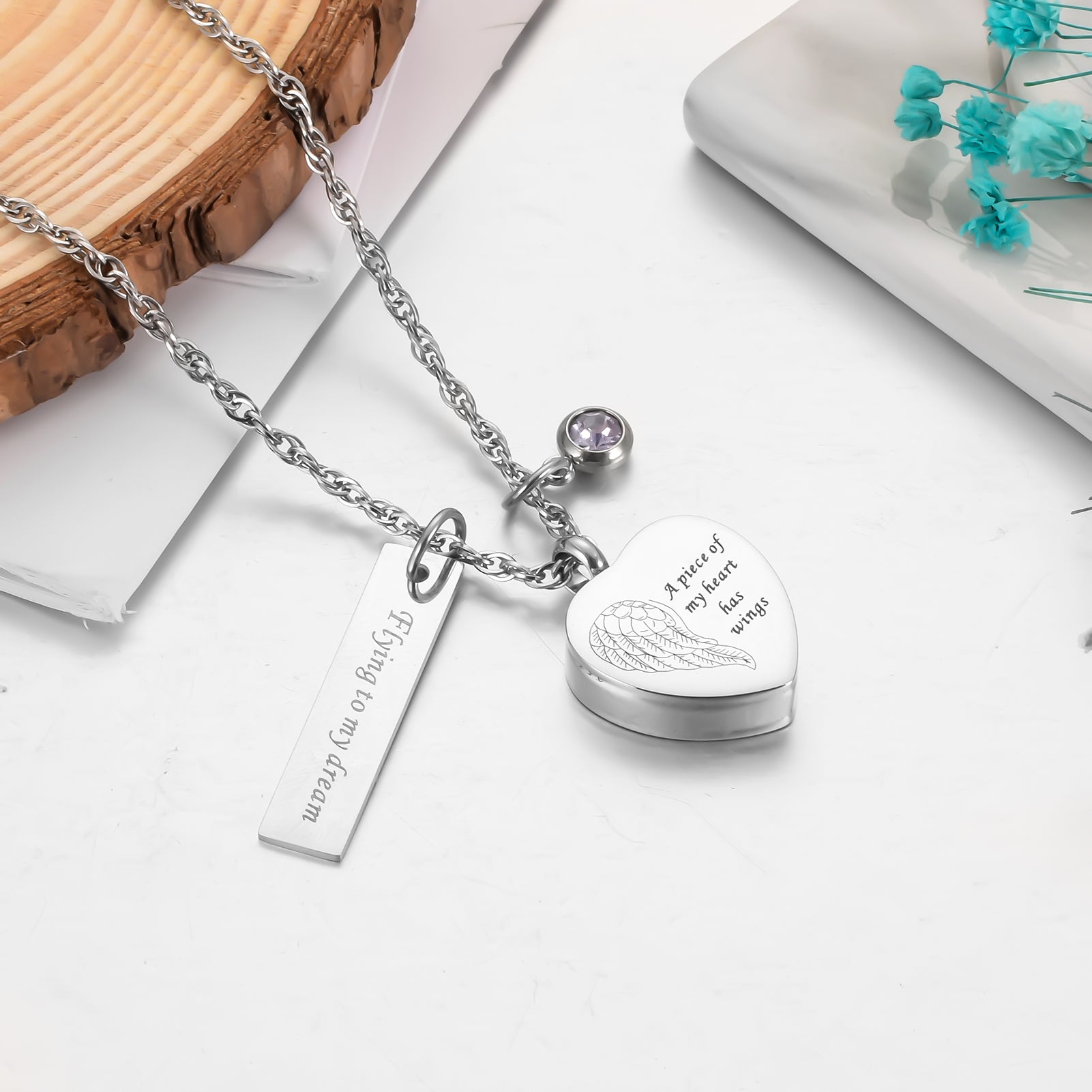 Heart and Bar Cremation Pendant with Birthstone