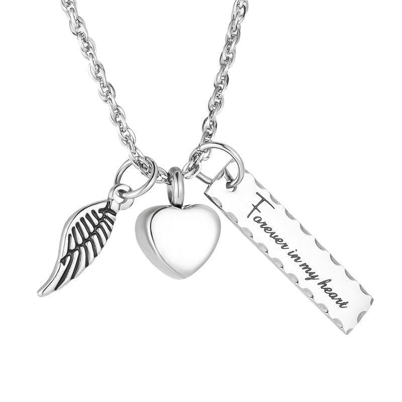 Cremation Pendant with Angle wing, Heart and Bar