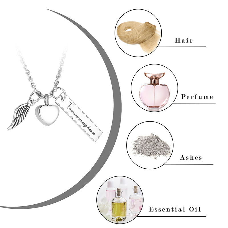 Cremation Pendant with Angle wing, Heart and Bar