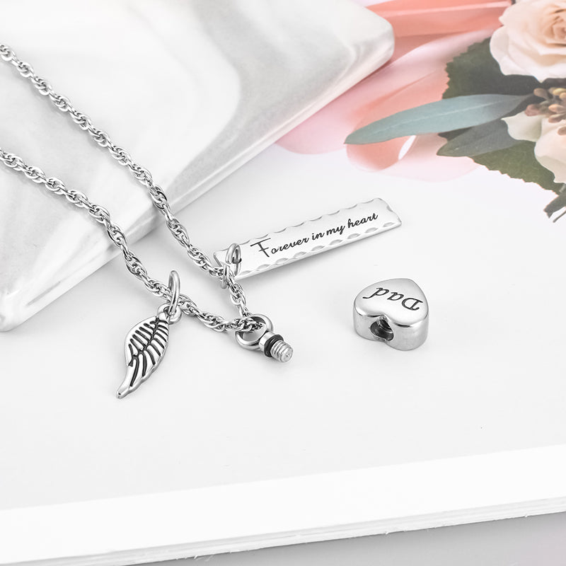 Cremation Pendant with Angle wing, Heart and Bar