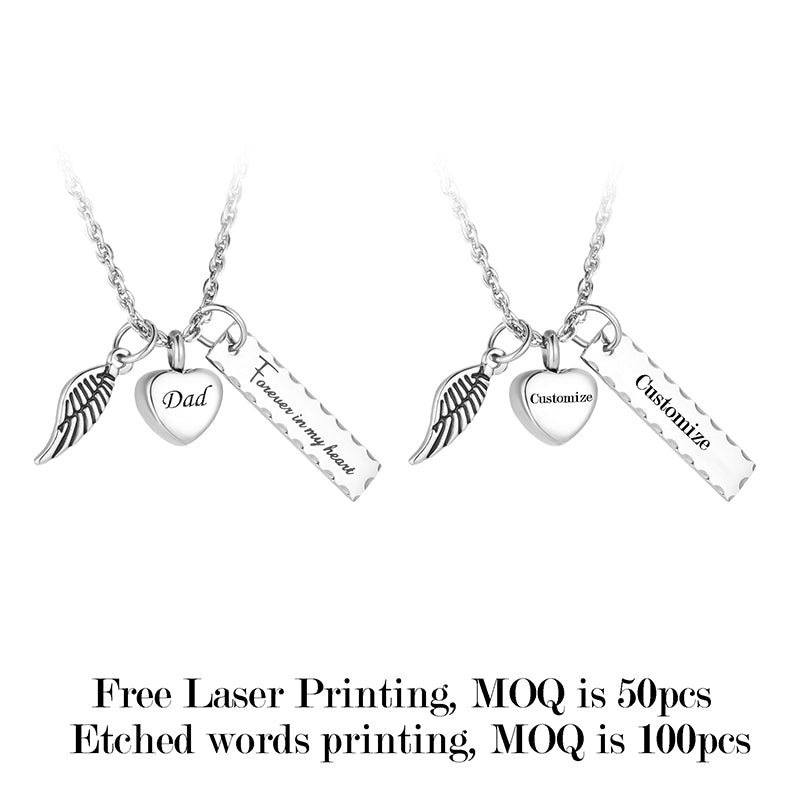 Cremation Pendant with Angle wing, Heart and Bar