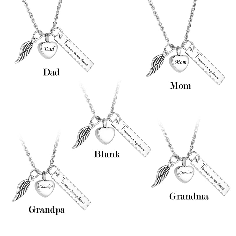 Cremation Pendant with Angle wing, Heart and Bar