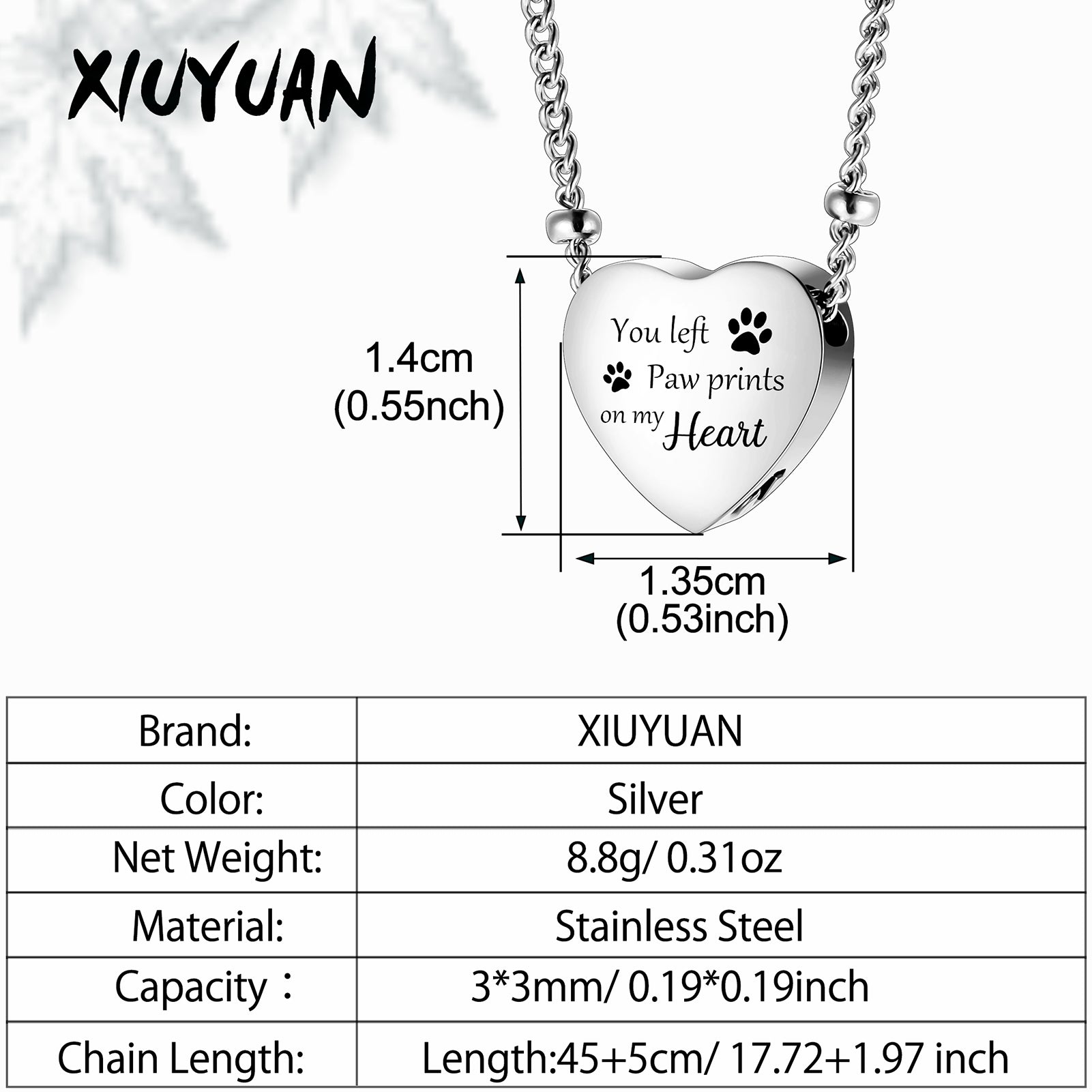 Heart Urn Necklace with Paws for Pets