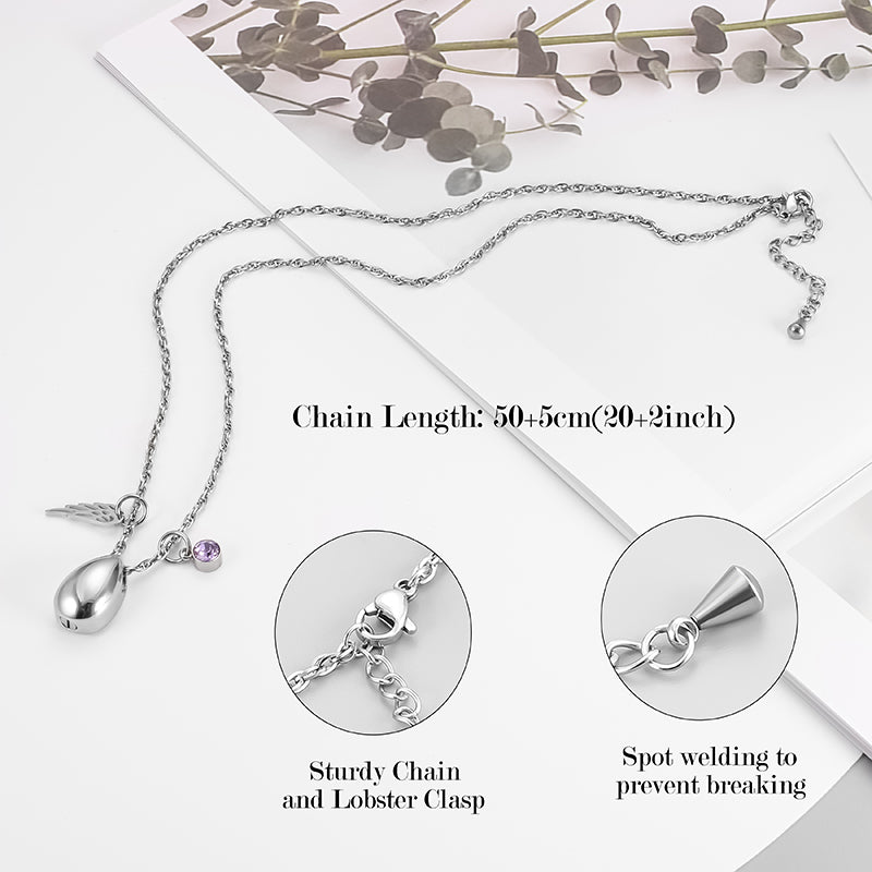 Teardrop Cremation Necklace with Angle Wings
