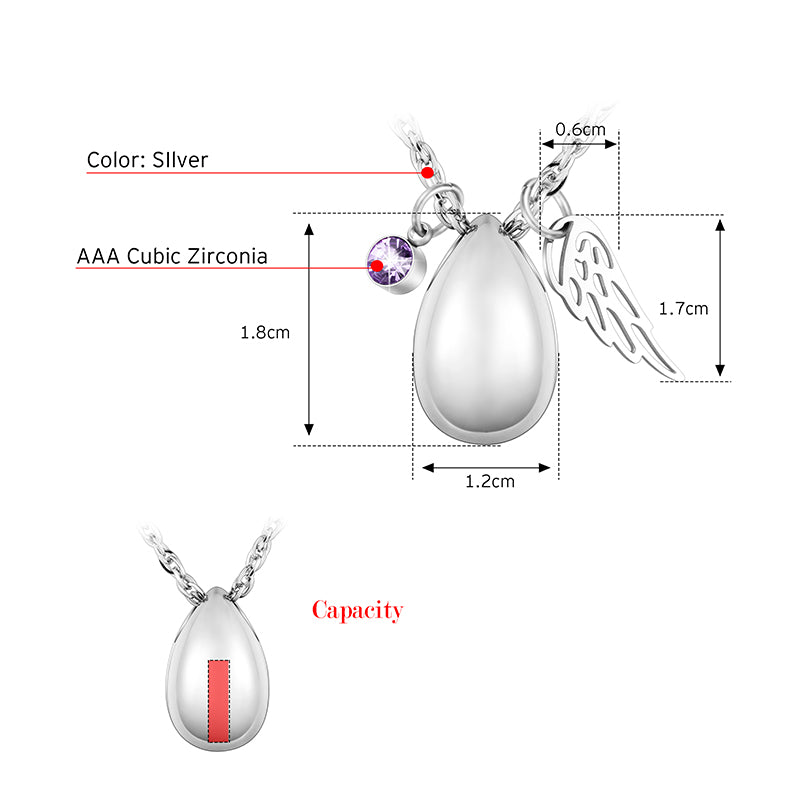 Teardrop Cremation Necklace with Angle Wings