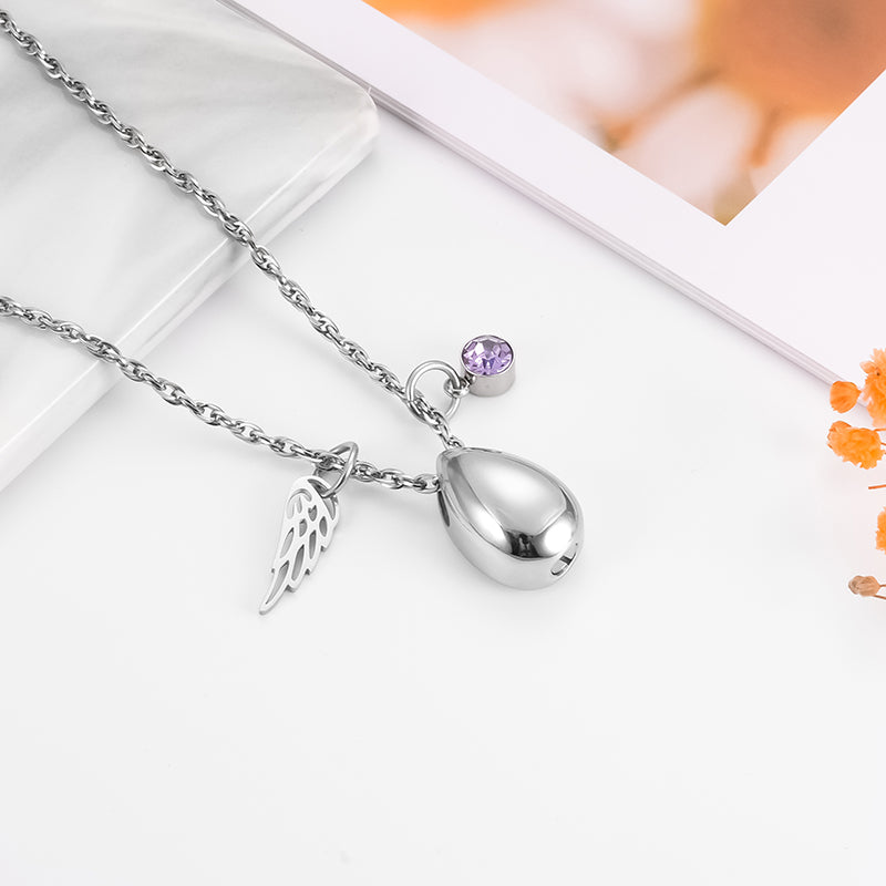 Teardrop Cremation Necklace with Angle Wings