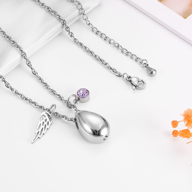 Teardrop Cremation Necklace with Angle Wings