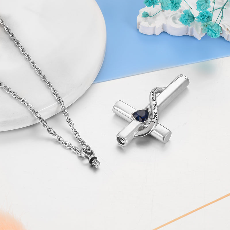 Cross Cremation Pendant with Blue Heart
