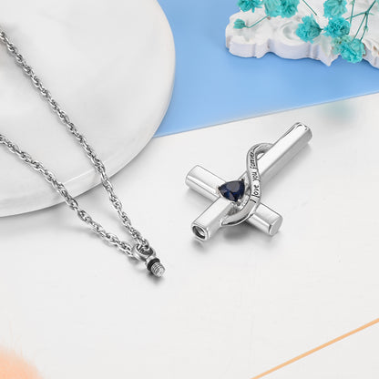 Cross Cremation Pendant with Blue Heart