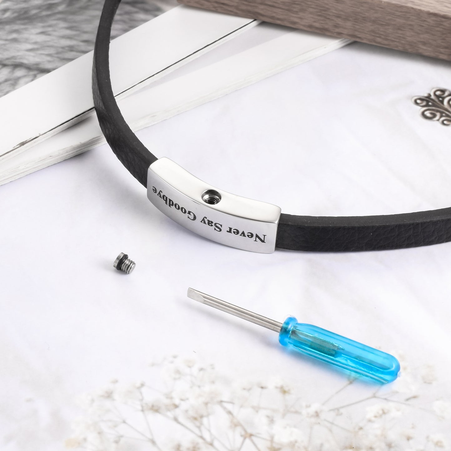 Leather Cremation Bracelet - Never Say Goodbye
