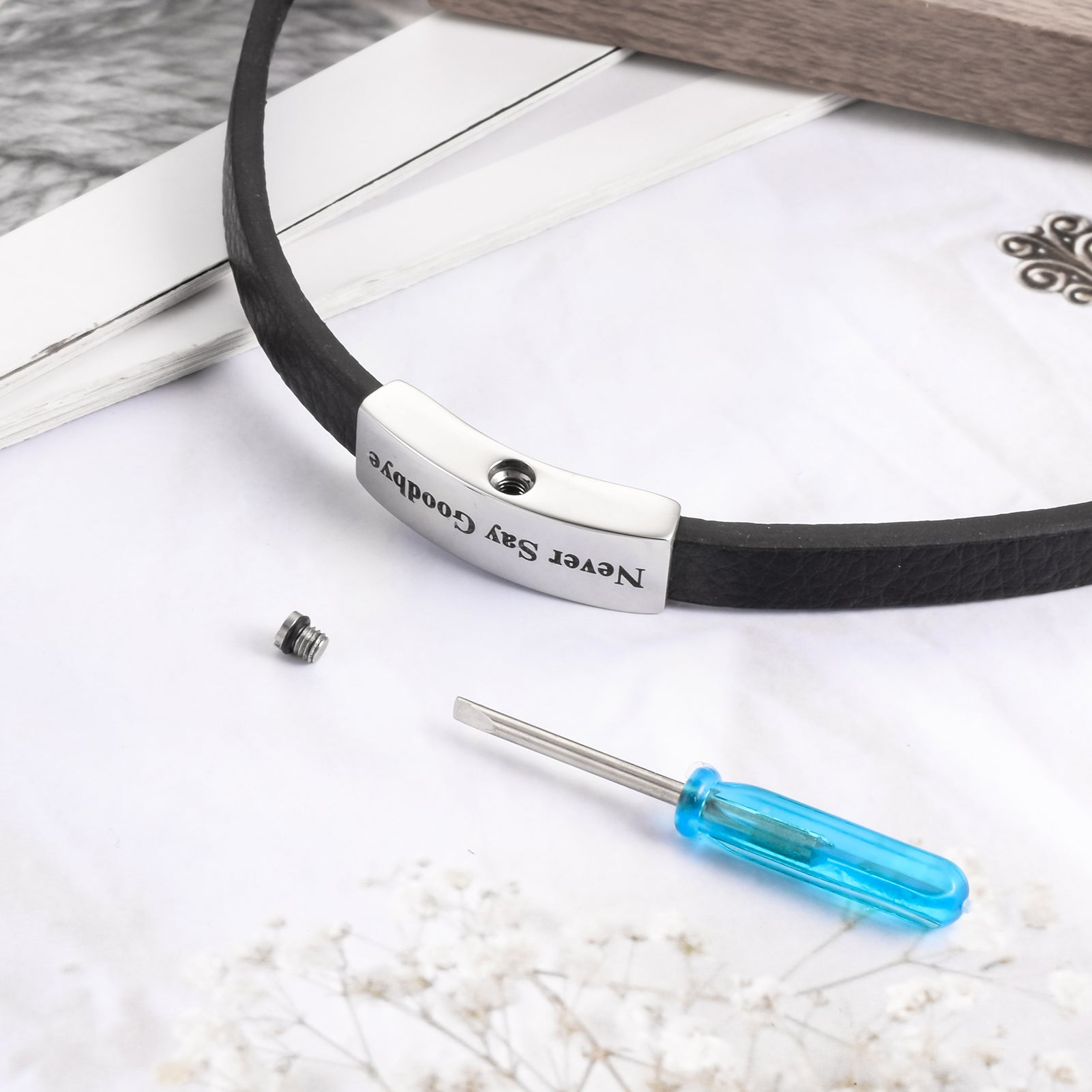 Leather Cremation Bracelet - Never Say Goodbye