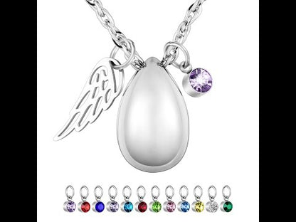 Teardrop Cremation Necklace with Angle Wings